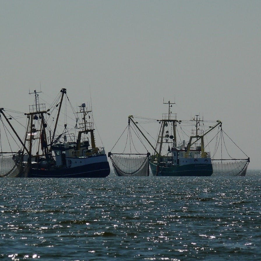 Two fishing trawlers casting their large drag nets out on the high seas
