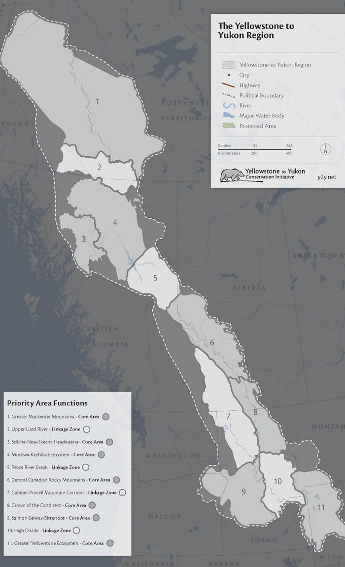 A map of the Yellowstone to Yukon Region where wildlife corridors play a part in the success of interconnecting ecosystems