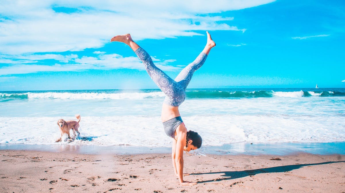 A lady doing a hand stand at the beach alongside her golden retriever dog