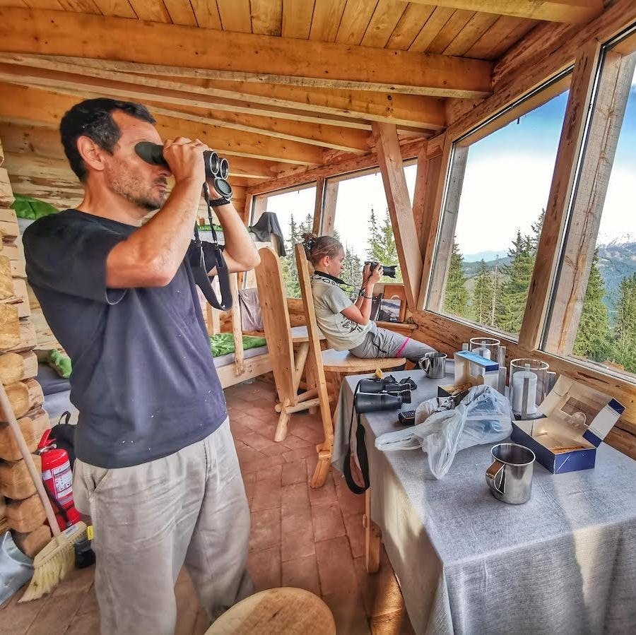 Tourists inside a wildlife hide look through binoculars and cameras 