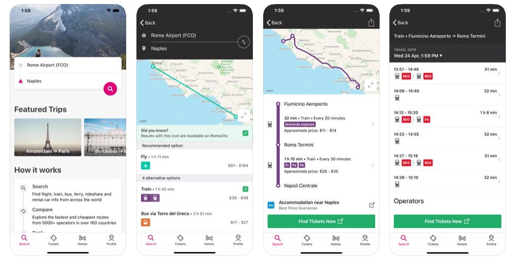 Various screen shots of the Rome2rio app demonstrating how easy it is to travel without flying. 