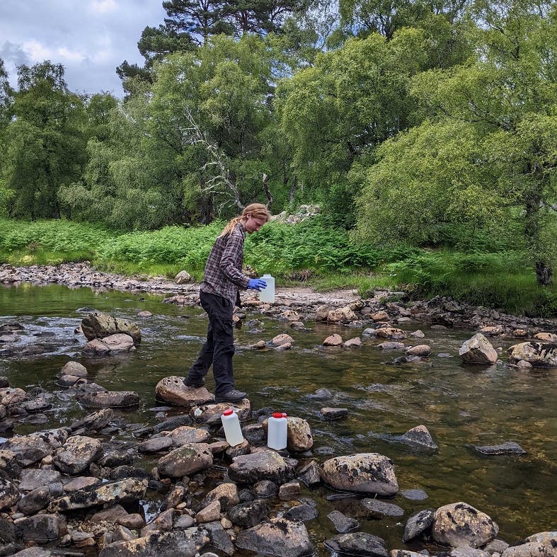 Collecting eDNA samples to detect Freshwater Pearl Mussels in Alladale Wilderness Reserve.
