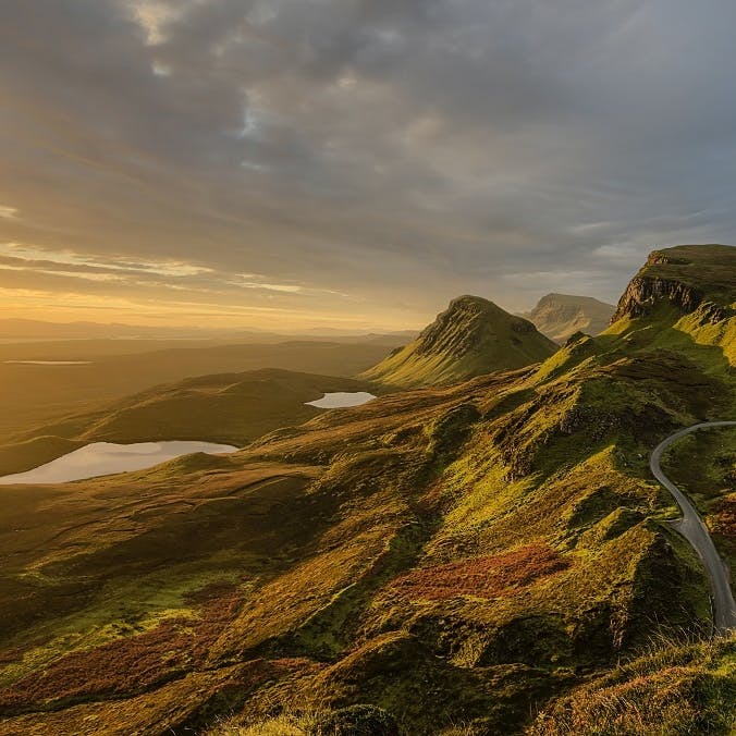 A landscape view of skye at sunset in the Scottish Highlands.