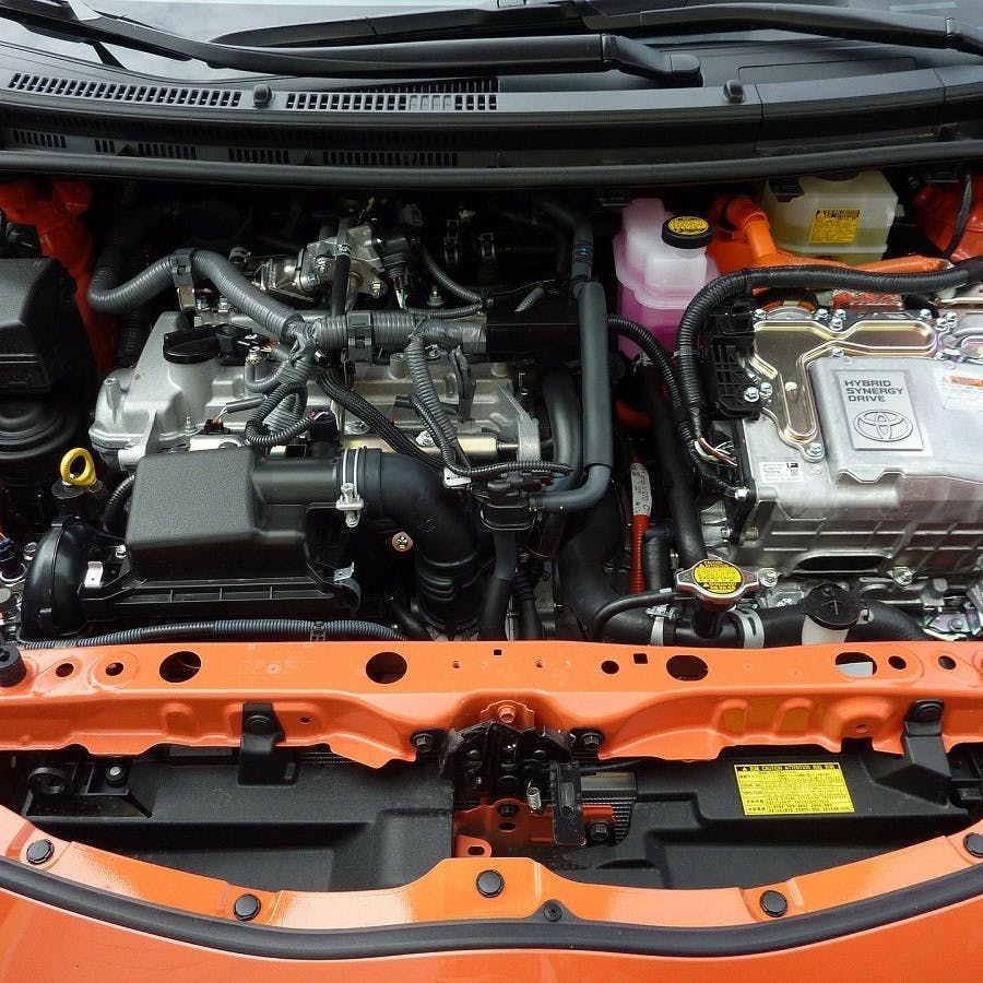 Under the bonnet of a hybrid car with its two motors