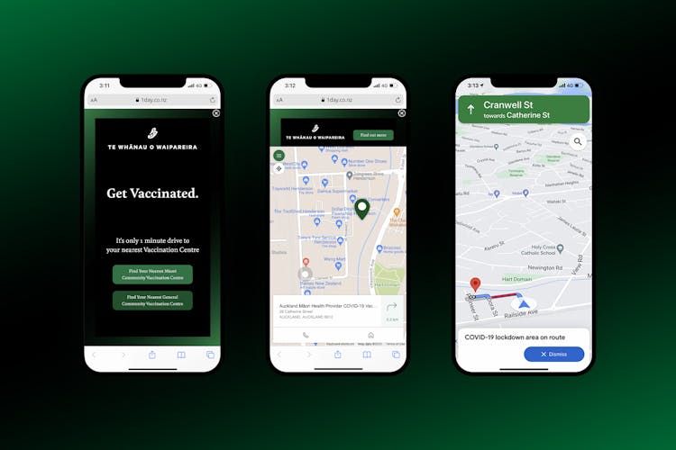 Geo-targeted mobile ads directing Whānau to vaccination centres within close proximity to current location.