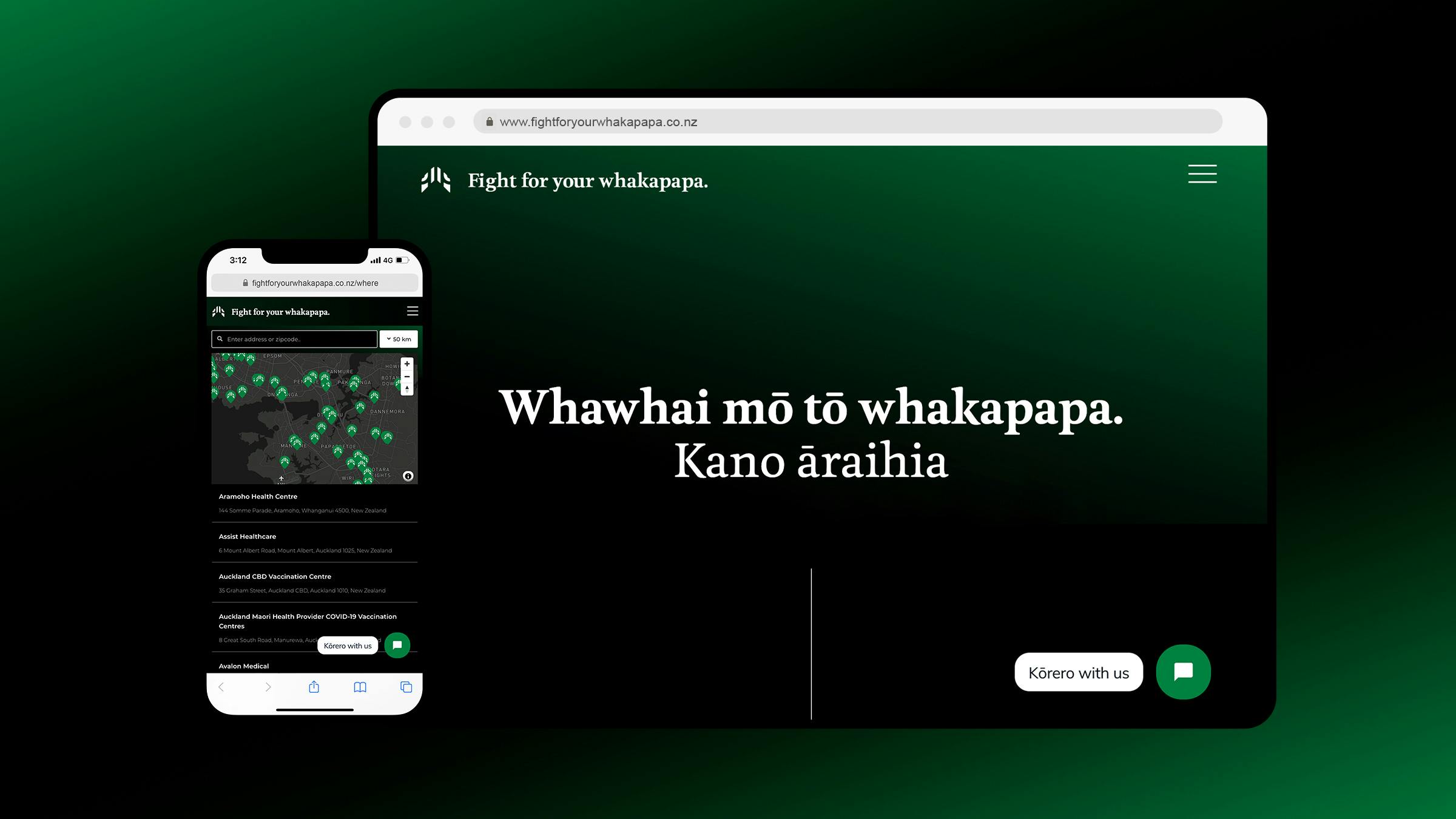 A bespoke micro-site featuring Māori operated vaccination stations and live chat for local support. 
