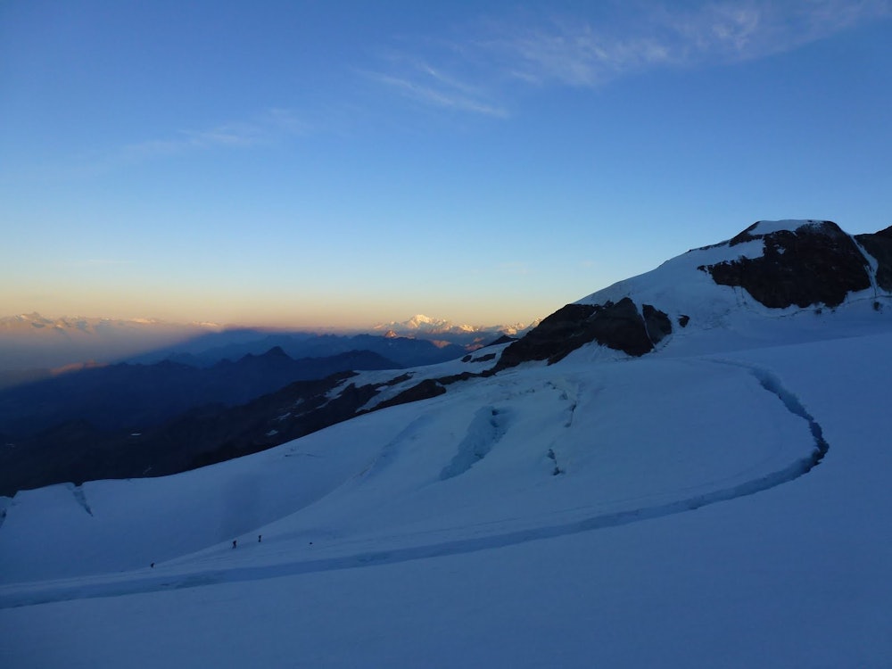 Sunrise on Mont Blanc hiking up to the Margherita hut