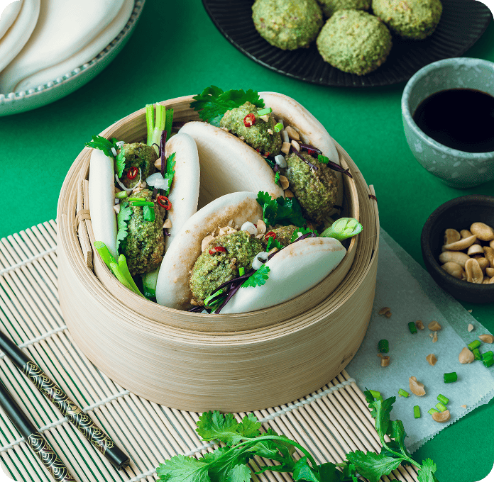 Recette de bao légumes croquants et sauce swicy avec bouchées edamame, petits pois et wasabi