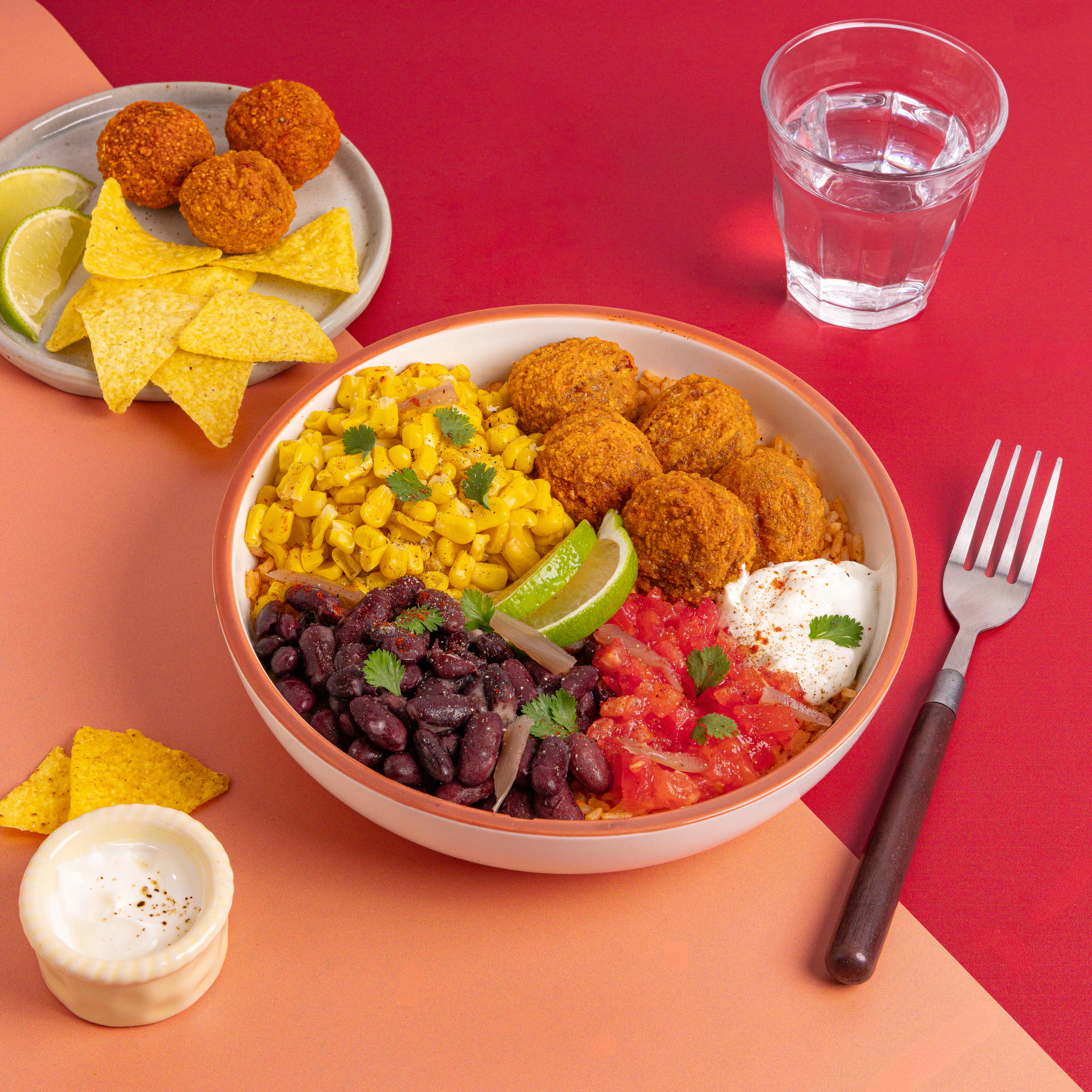 Burrito bowl haricots rouges, mais, avocat