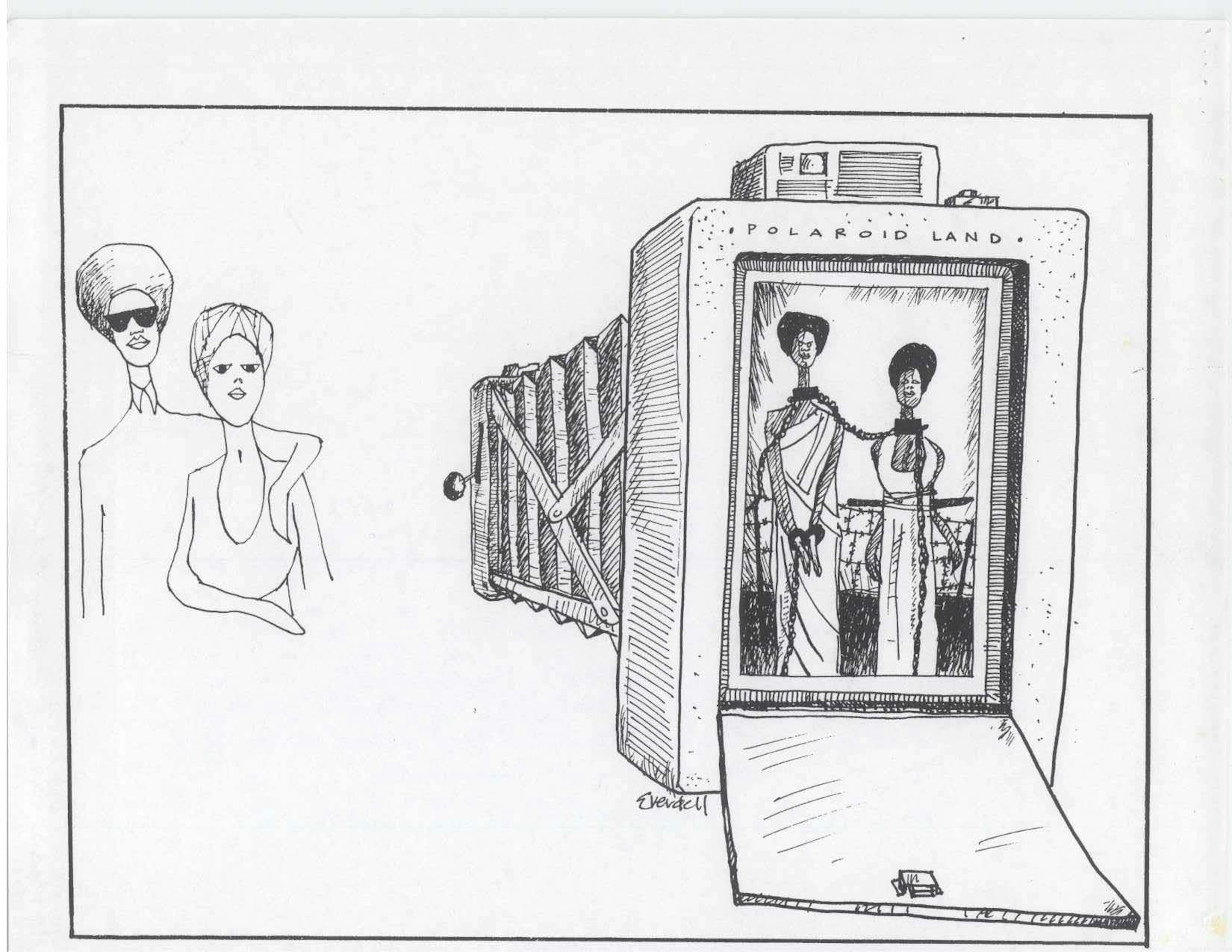 A black-and-white sketch of two people posed in front of a Polaroid camera, with the camera’s film compartment featuring seemingly the same people chained together