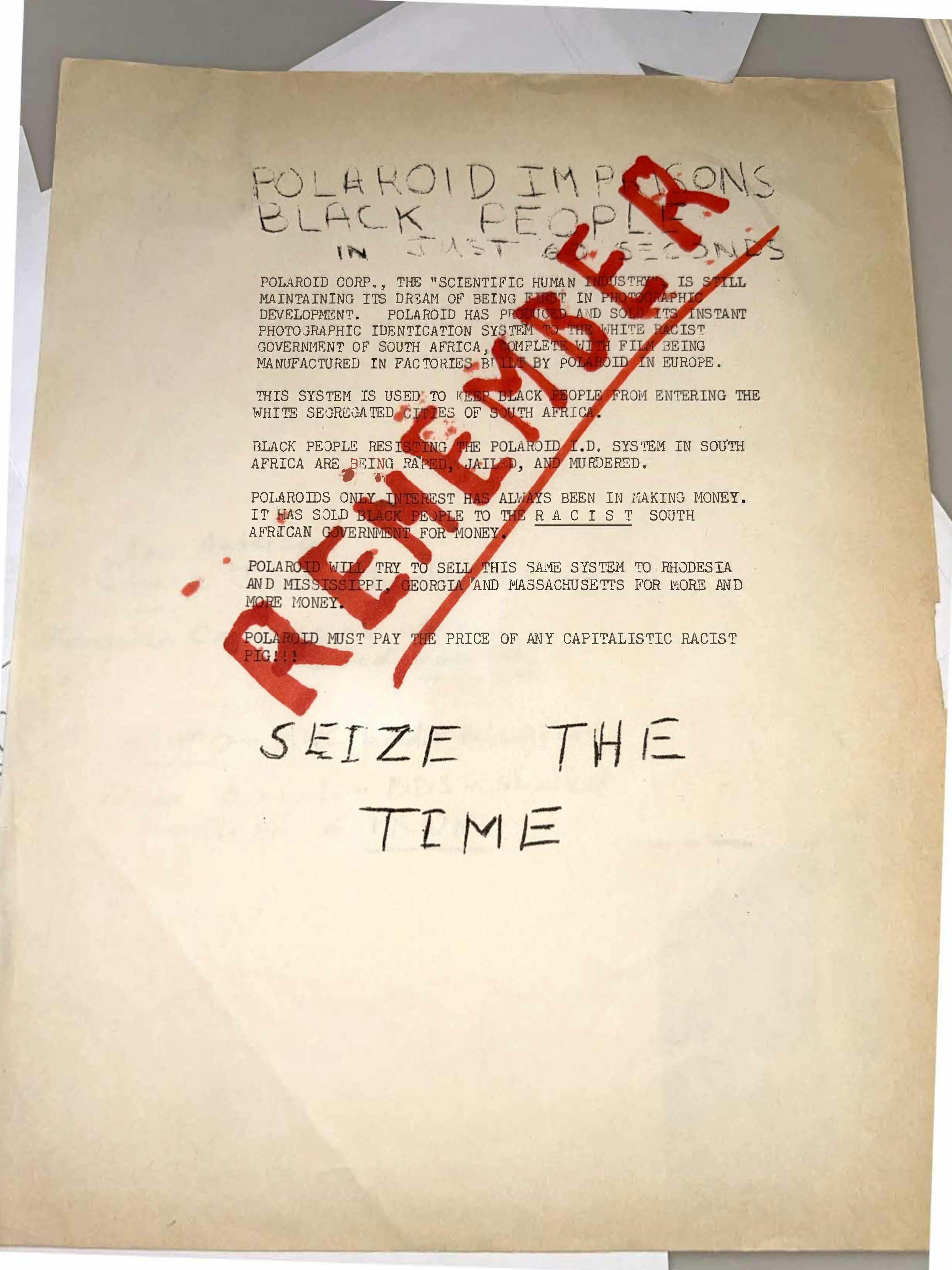 PRWM leaflet calling attention to Polaroid’s complicity in apartheid South Africa, with the word "Seize the time," written in all caps at the bottom