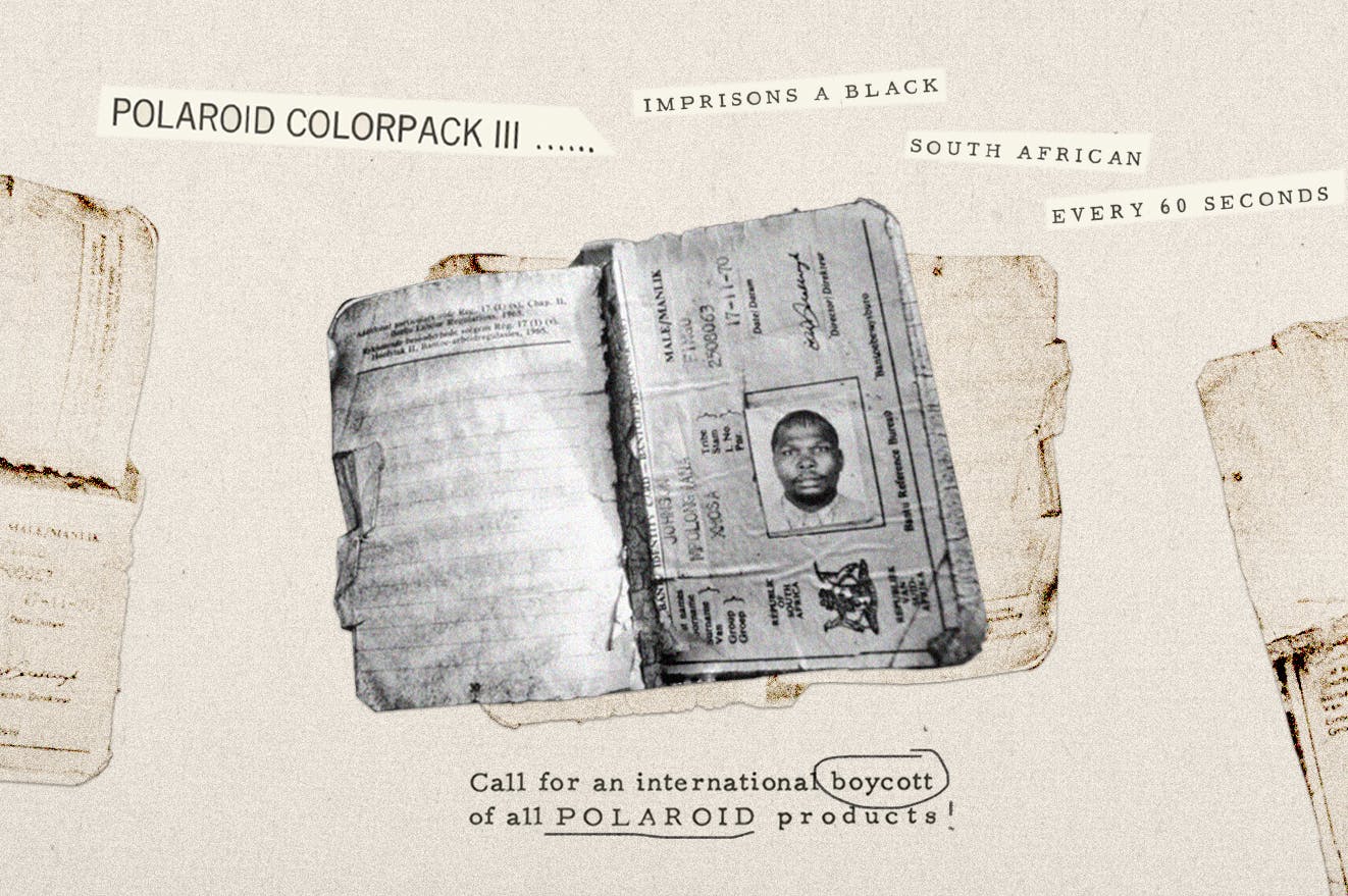 An illustration of an apartheid-era passbook with a photo of a black man with text below calling for a boycott of Polaroid