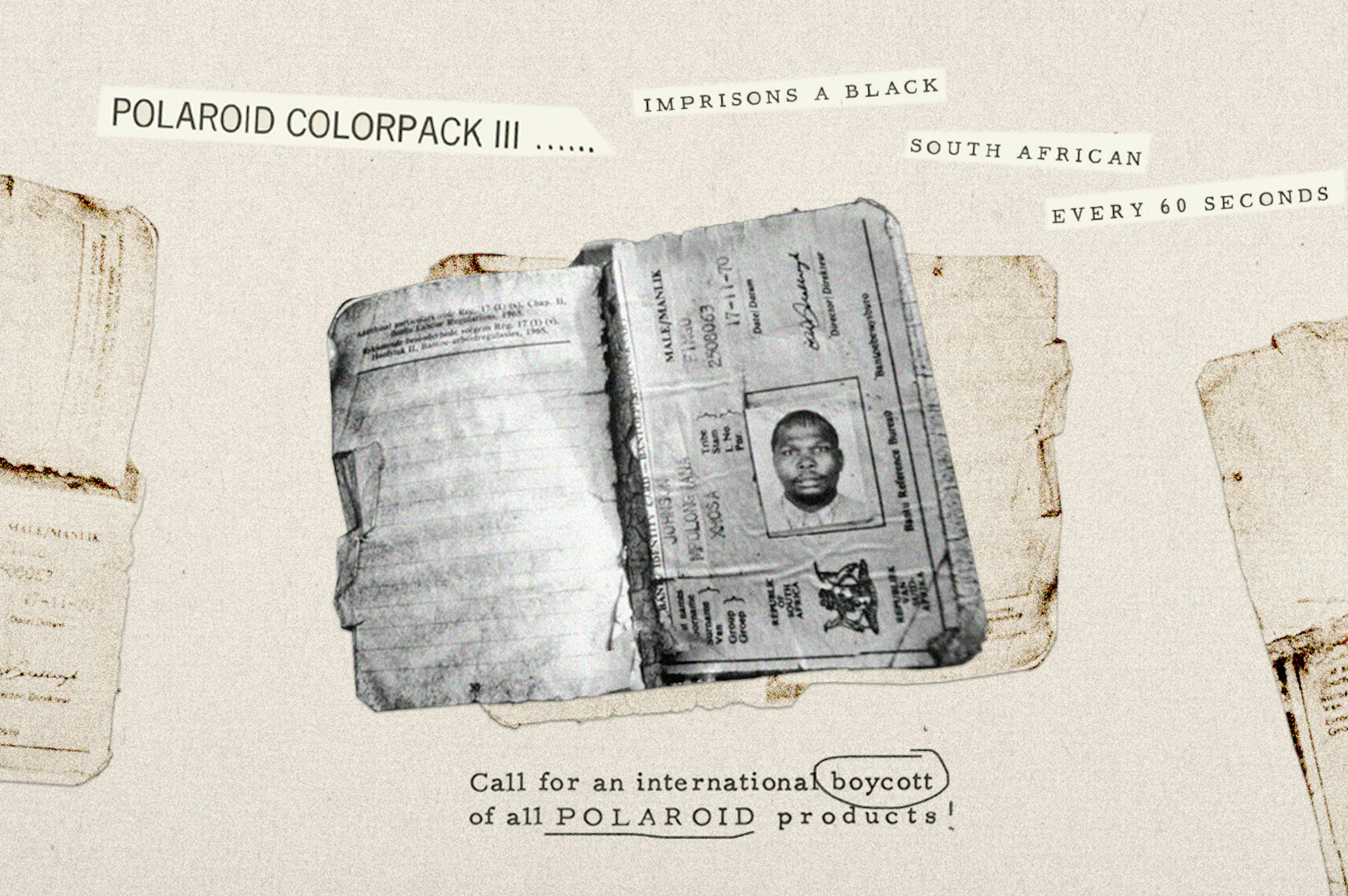 An illustration of an apartheid-era passbook with a photo of a black man with text below calling for a boycott of Polaroid