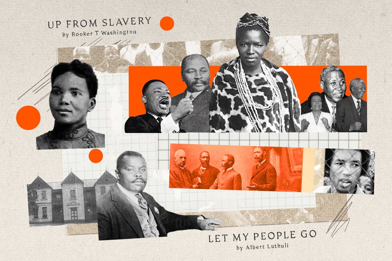 A collage of many figures from Black American and South African history including Charlotte Maxeke, Nokuthela Dube, Albert Luthili, Martin Luther King Jr., Arthur Ashe and others. It all sits against a tan background. In the top and bottom corners are titles of two books, Up from Slavery by Booker T Washington and Let My People Go by Albert Luthuli.