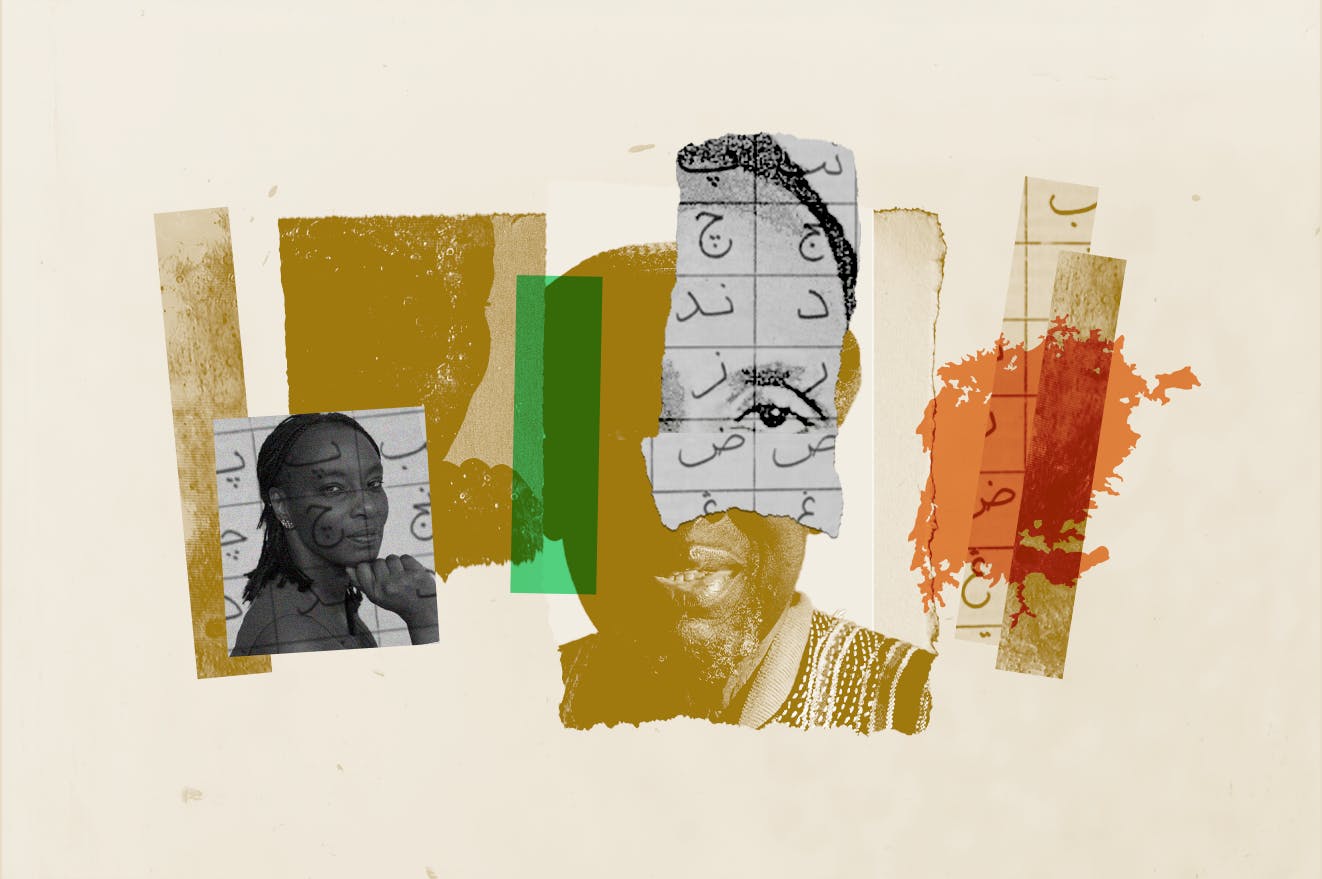 Collage featuring monochrome and yellowed cut-out images and silouhettes of Kenyan authors Yvonne Adhiambo Owuor and Ngugi wa Thingo'o and a red outline of Lake Victoria.