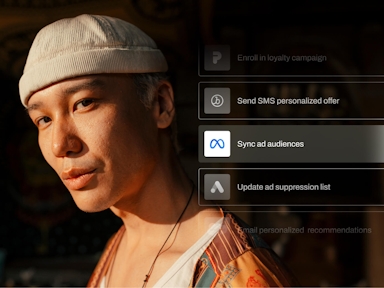 A man wearing a cream-colored knit cap and patterned shirt looks toward the camera in warm, dramatic lighting. Overlaid on the right are digital marketing actions in a user interface, with "Sync ad audiences" highlighted among other options like "Send SMS personalized offer" and "Update ad suppression list." The image conveys targeted advertising or audience segmentation workflows in a marketing automation setting.