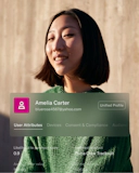 A woman with a bob haircut and green sweater smiles at the camera in soft afternoon light. Overlaid is a digital user profile interface showing her name, email address (bluerose4567@yahoo.com), and a "Unified Profile" button. Tabs like "User Attributes," "Devices," and "Consent & Compliance" suggest a customer data platform view. Metrics below list her 0.9 likelihood-to-purchase score, a recommended product (Puma Crew Tracksuit), and an average order value of $168.88.