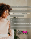 A woman in glasses and a light turtleneck sweater smiles while looking off-frame, with a translucent UI overlay beside her. The interface displays user segmentation criteria: “Likelihood to Book Hotel after Flight Purchase” based on a conversion probability of 0.7 to 0.9. Additional attributes include country set to the United States and recent flight booking success, but no recent lodging booking. Status indicators show “State: Active” and “Quality: Good,” with buttons labeled “Cancel” and “Done.” The image suggests predictive targeting or audience filtering for travel in a customer data platform.
