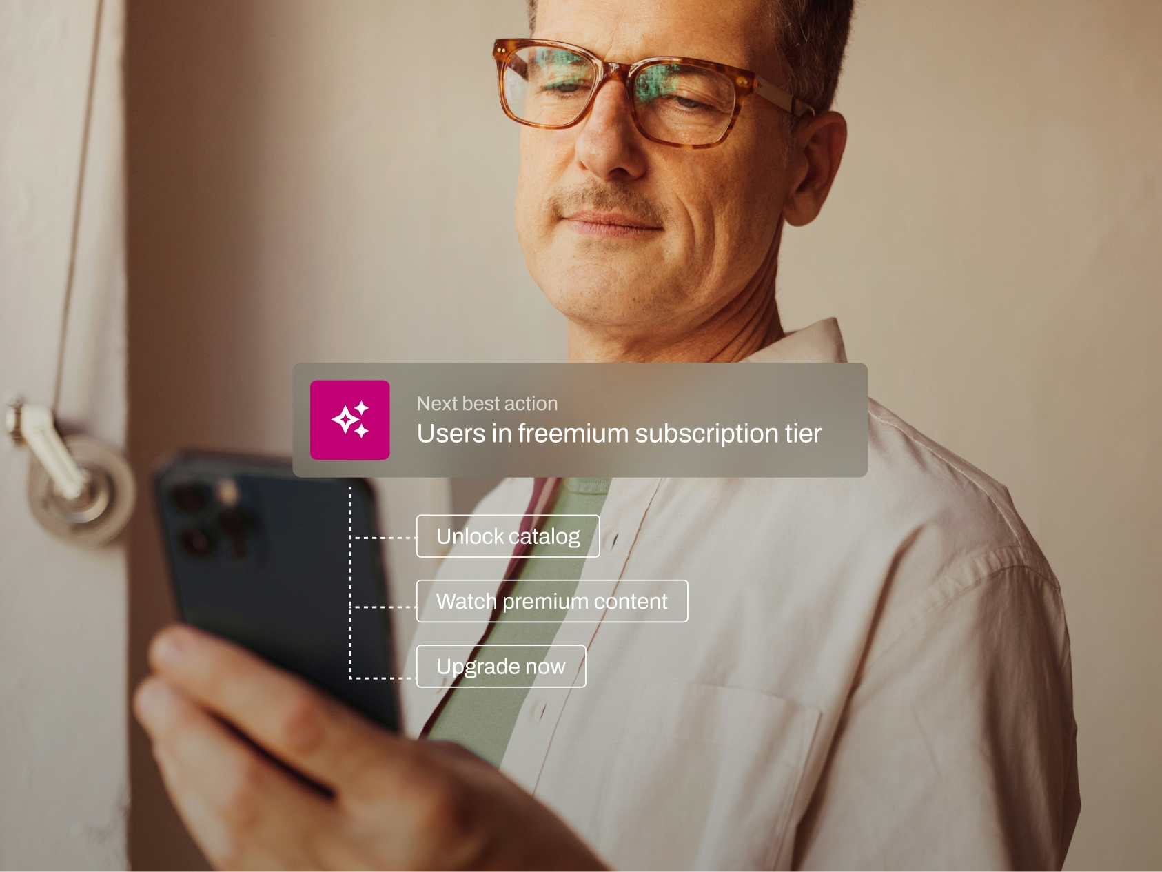 A middle-aged man in glasses and a white button-up shirt looks at his smartphone with a thoughtful expression, standing near a wall with warm lighting. Overlaid UI text identifies a marketing strategy: “Next best action – Users in freemium subscription tier,” with suggested prompts branching from the phone screen that say “Unlock catalog,” “Watch premium content,” and “Upgrade now.” The image conveys a targeted upsell approach for converting freemium users to paid subscribers with AI.