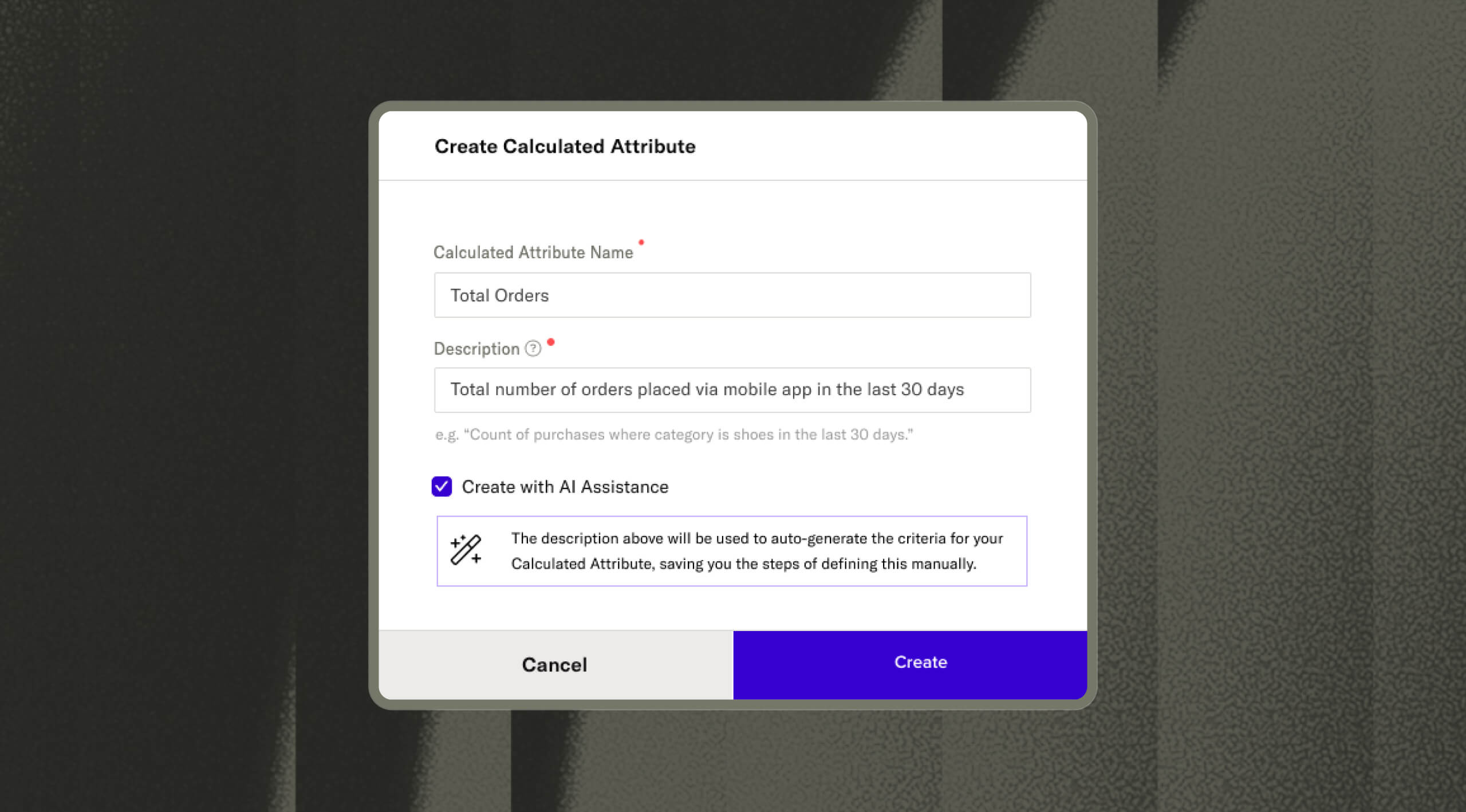 Product UI dialog box to create a calculated attribute with AI assistance enabled, showing fields for attribute name and description, and a 'Create' button.