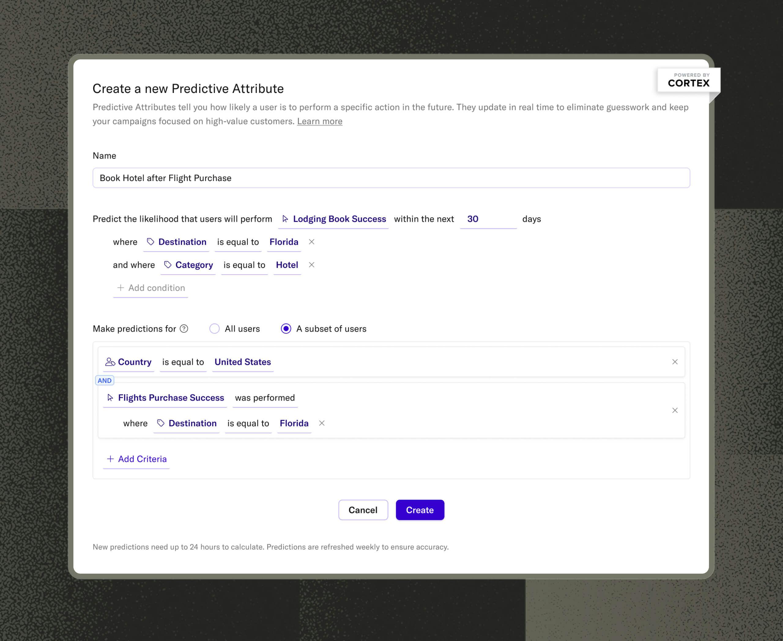 Screenshot of UI for creating a predictive attribute titled "Book Hotel after Flight Purchase," with criteria for location and user subset.