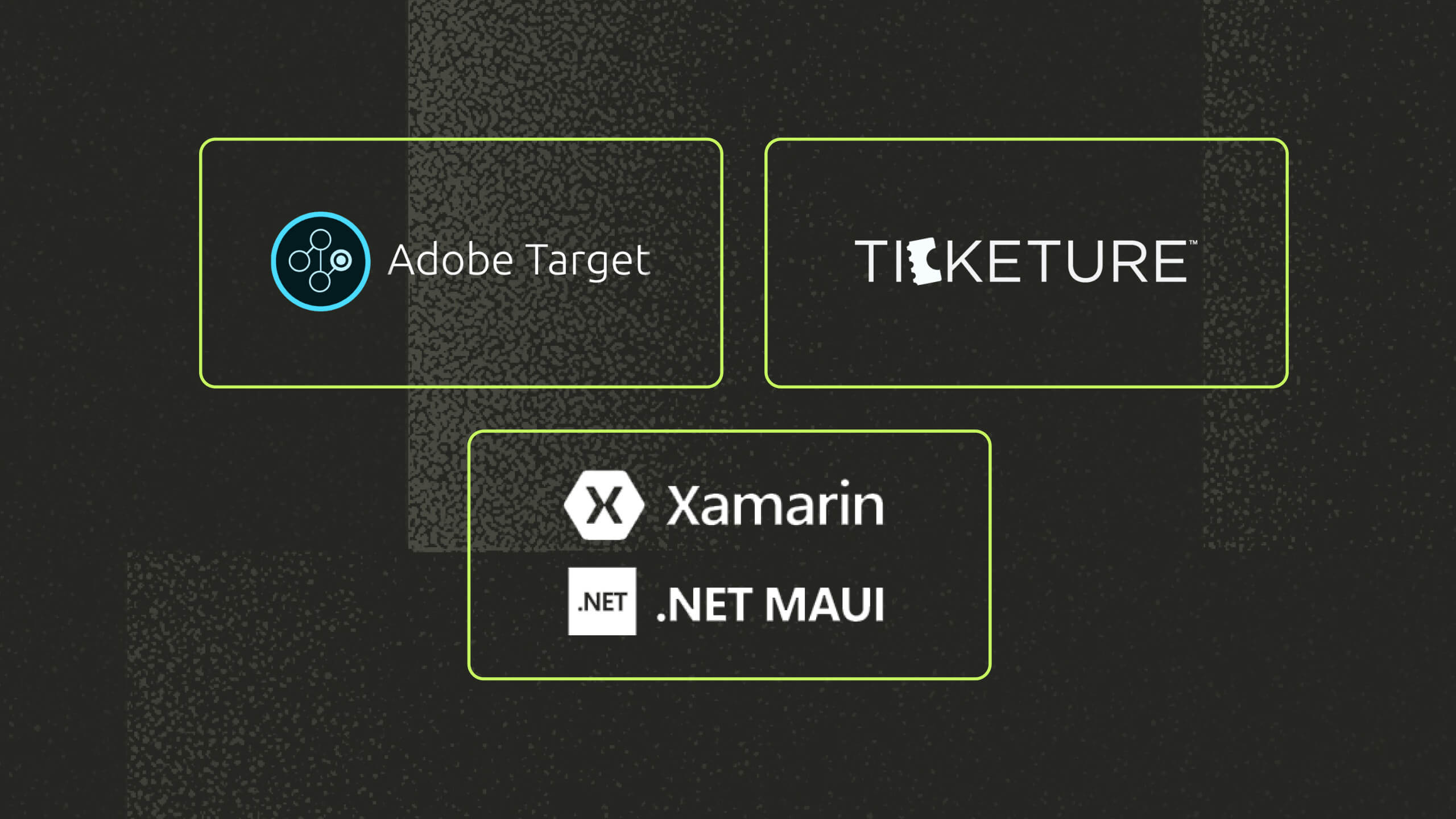 Logos for Adobe Target, TICKETURE, Xamarin, and .NET MAUI on a dark background