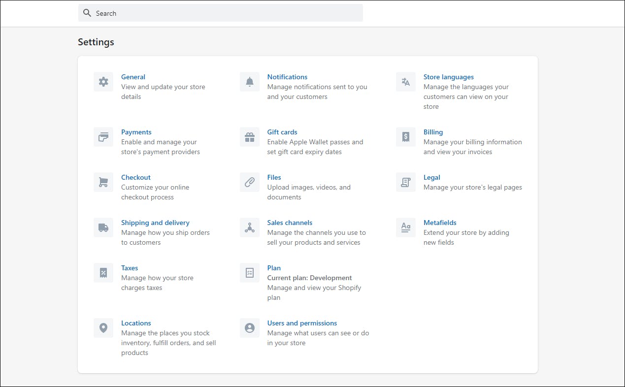 Shopify admin settings