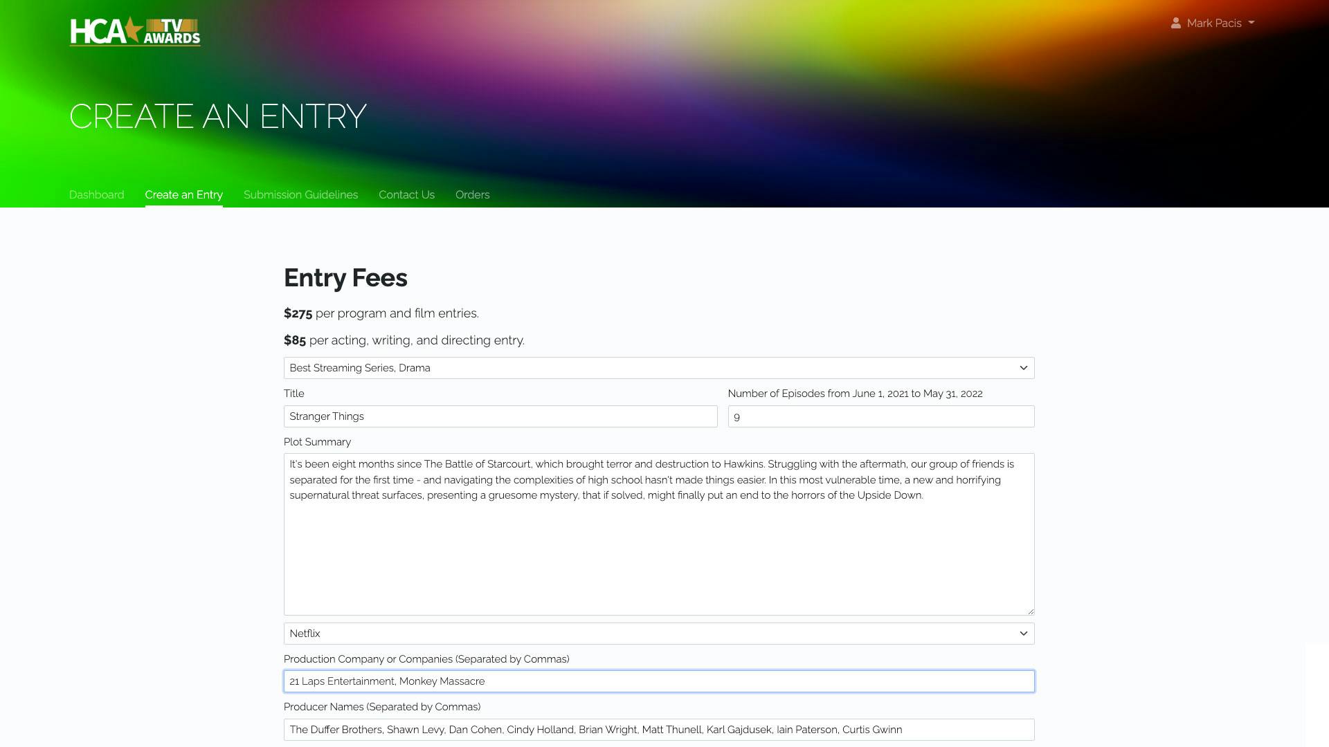 HCA TV Awards - Entry Form