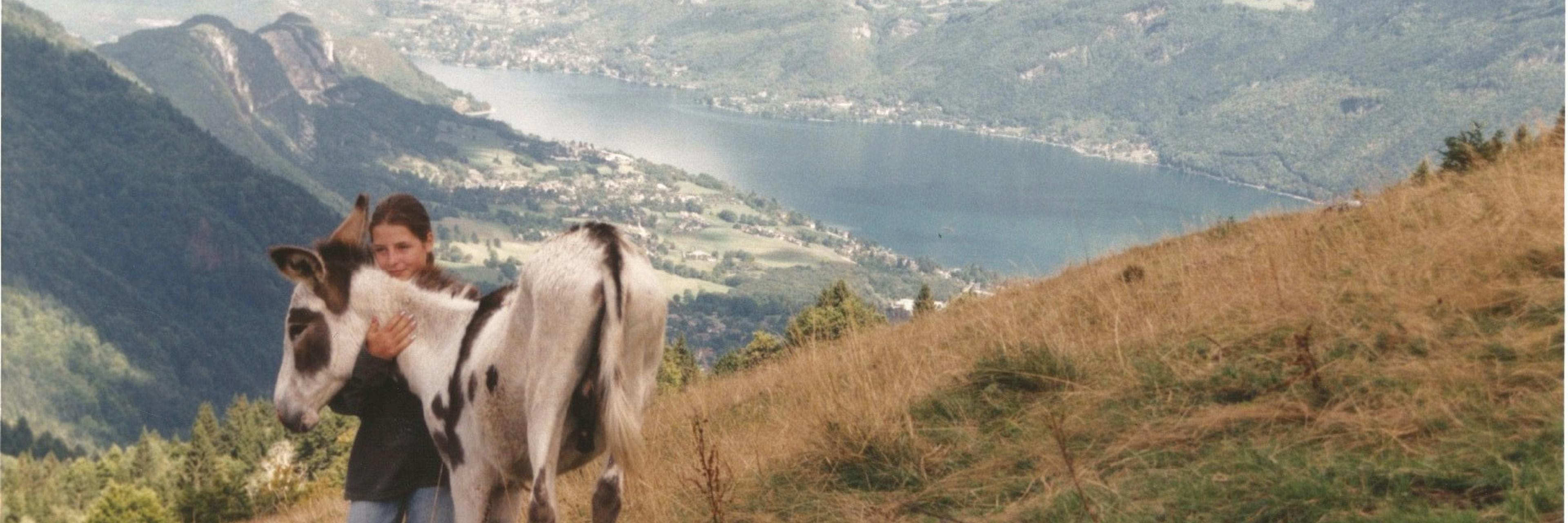 Lac d'annecy depuis la Montagne du Charbon. Jeune fille câlinant un âne blanc
