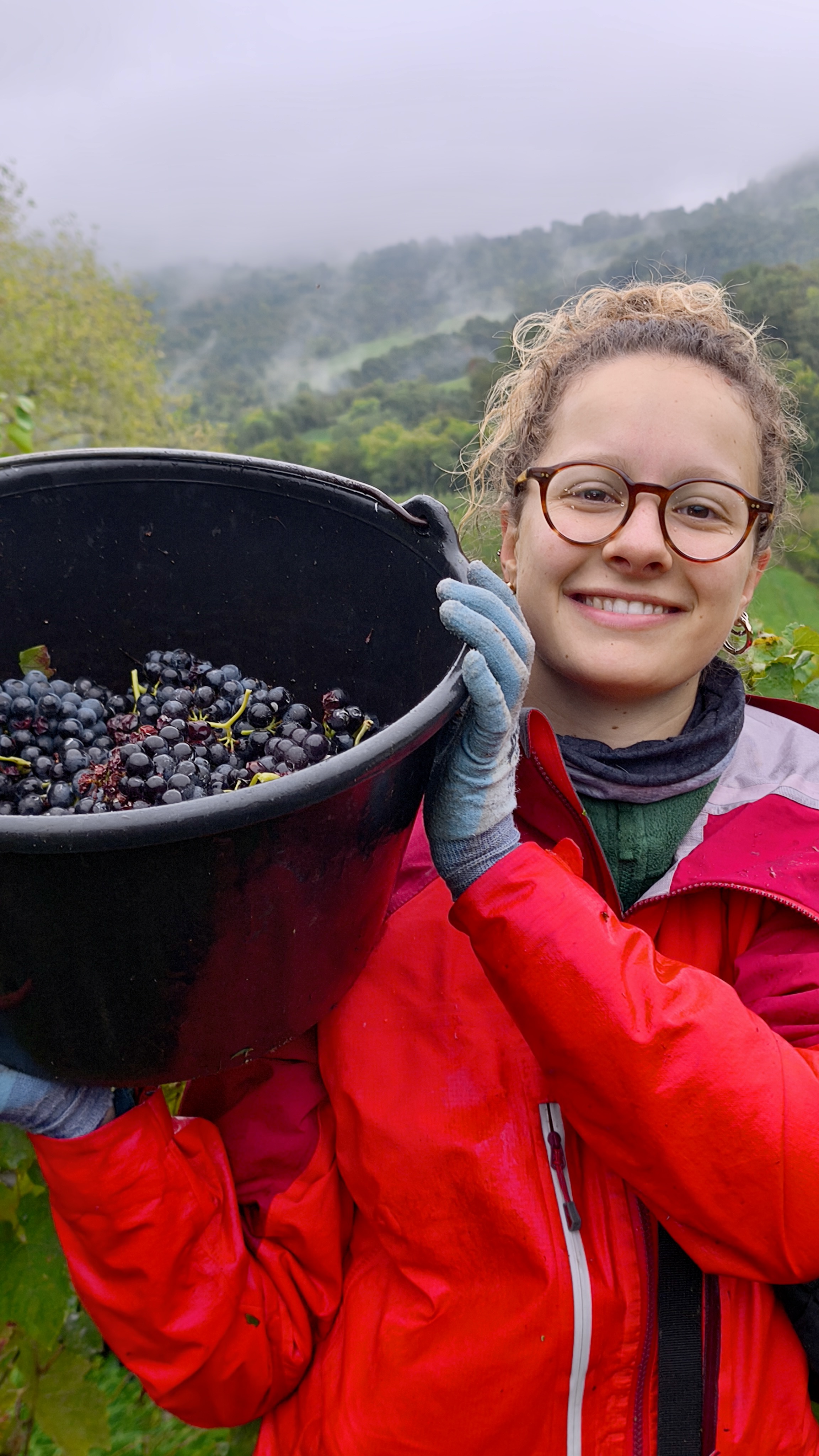 Portrait de Sarah, étudiante, porte son seau de raisins sur l'épaule avec un grand sourire