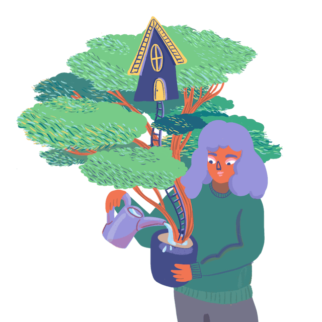 Chaque don fais grandir notre maison - dessin d'une personne arrosant un arbre maison qui pousse
