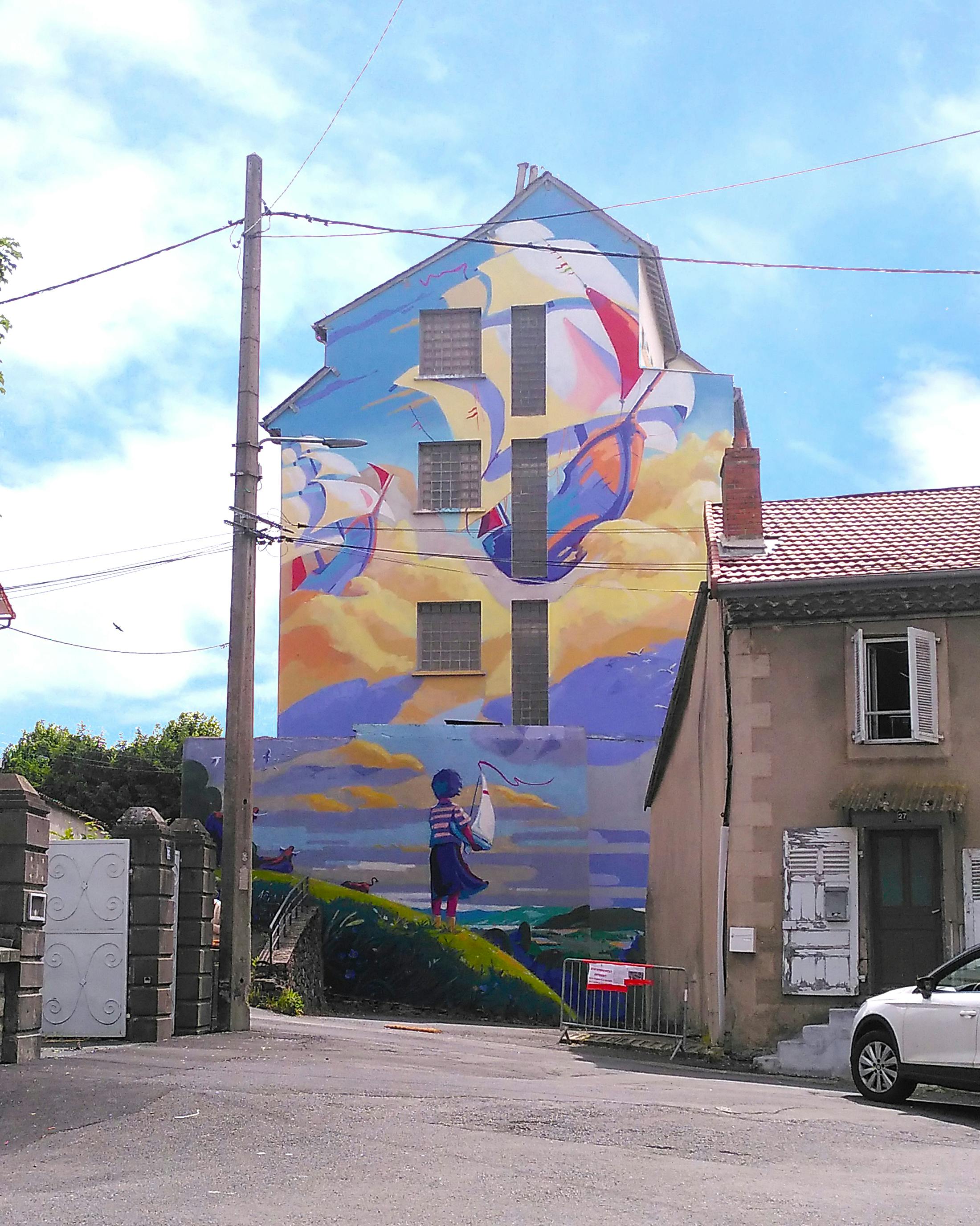 Tris Painting, Saint Flour, france, massive wall, Clouds, boat, landscape, mister tris