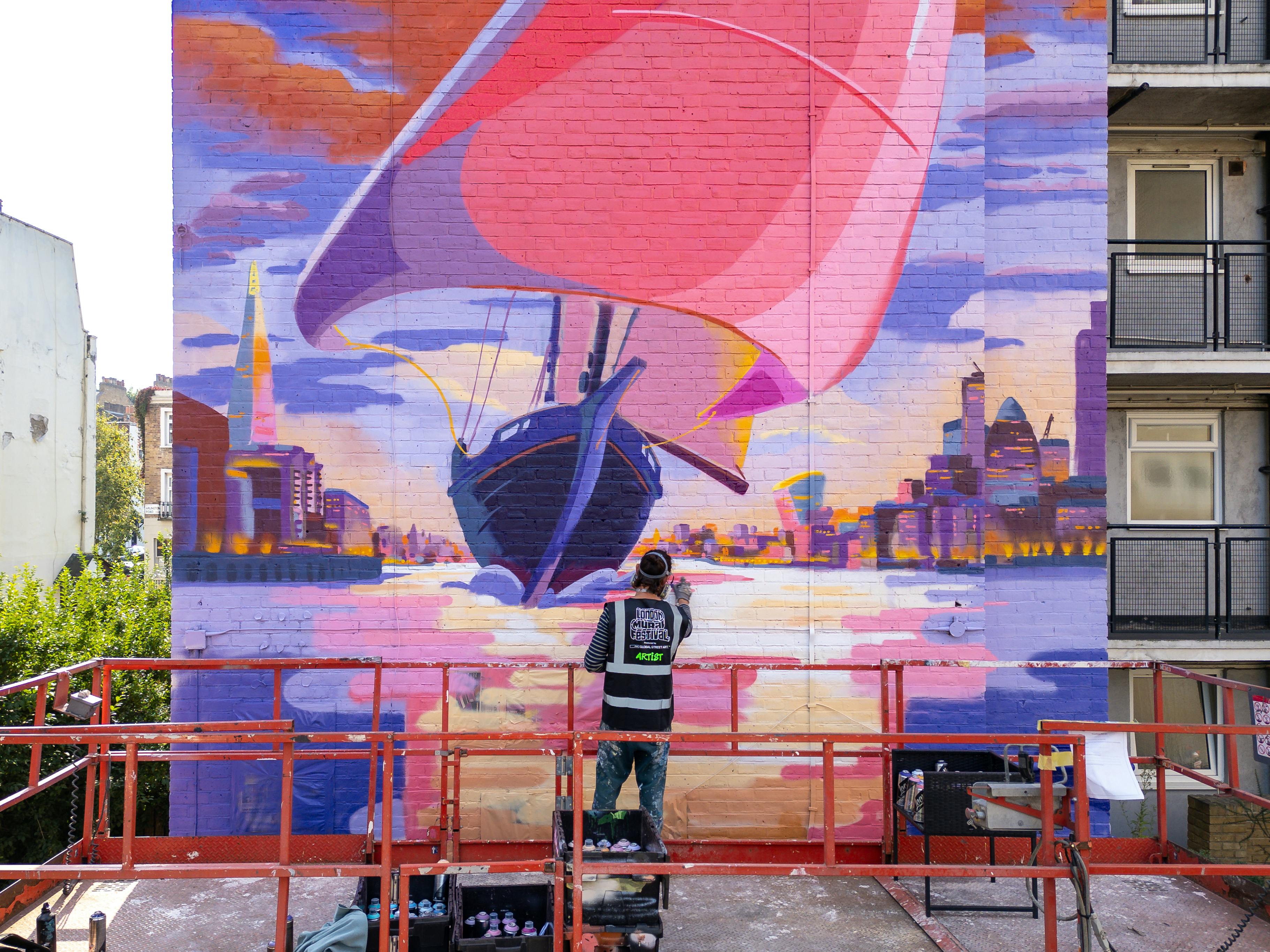 Tris Painting, Camden town, London, massive wall, boat, evening colours, mister tris