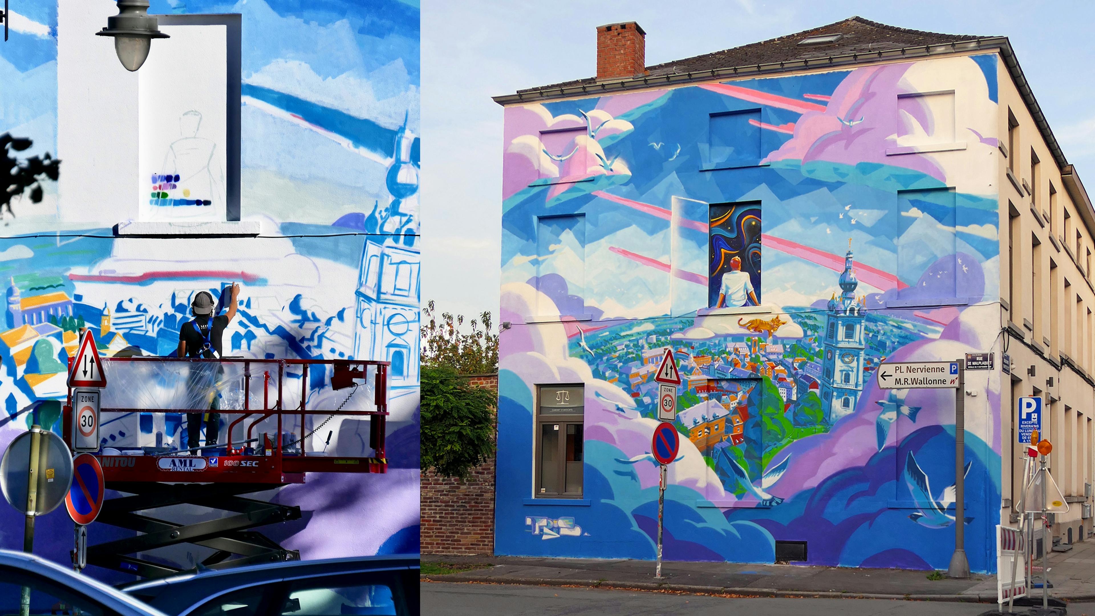 Tris Painting, Mons, Belgium, massive wall, Clouds, landscape, mister tris