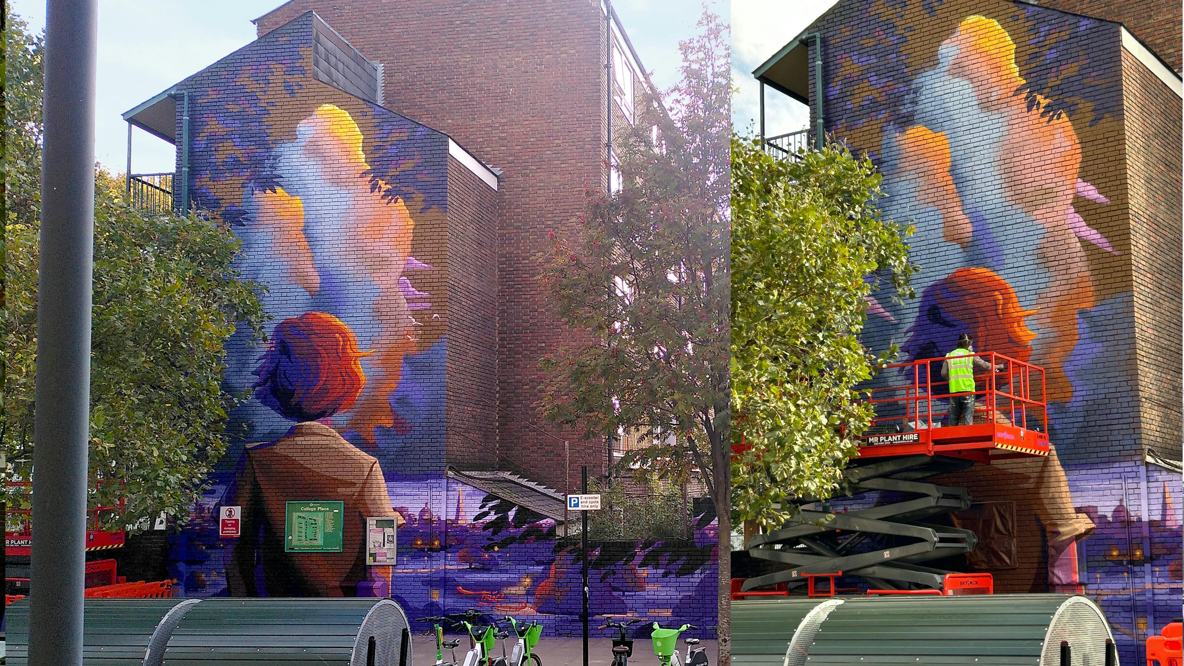 Tris Painting, Camden town, London, massive wall, evening colours, mister tris