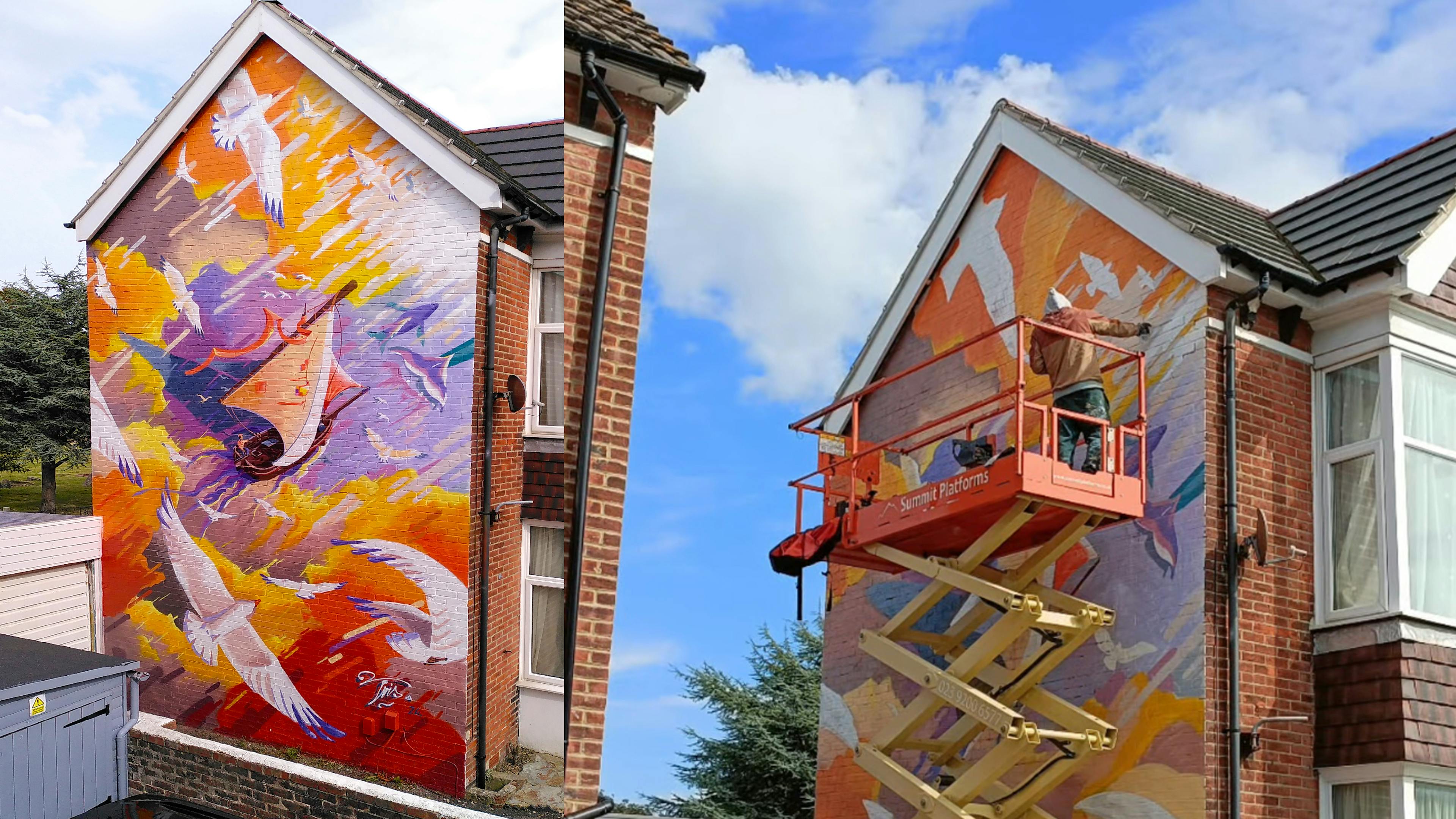 Tris Painting, Portsmouth, uk, massive wall, Clouds, boat, landscape, mister tris