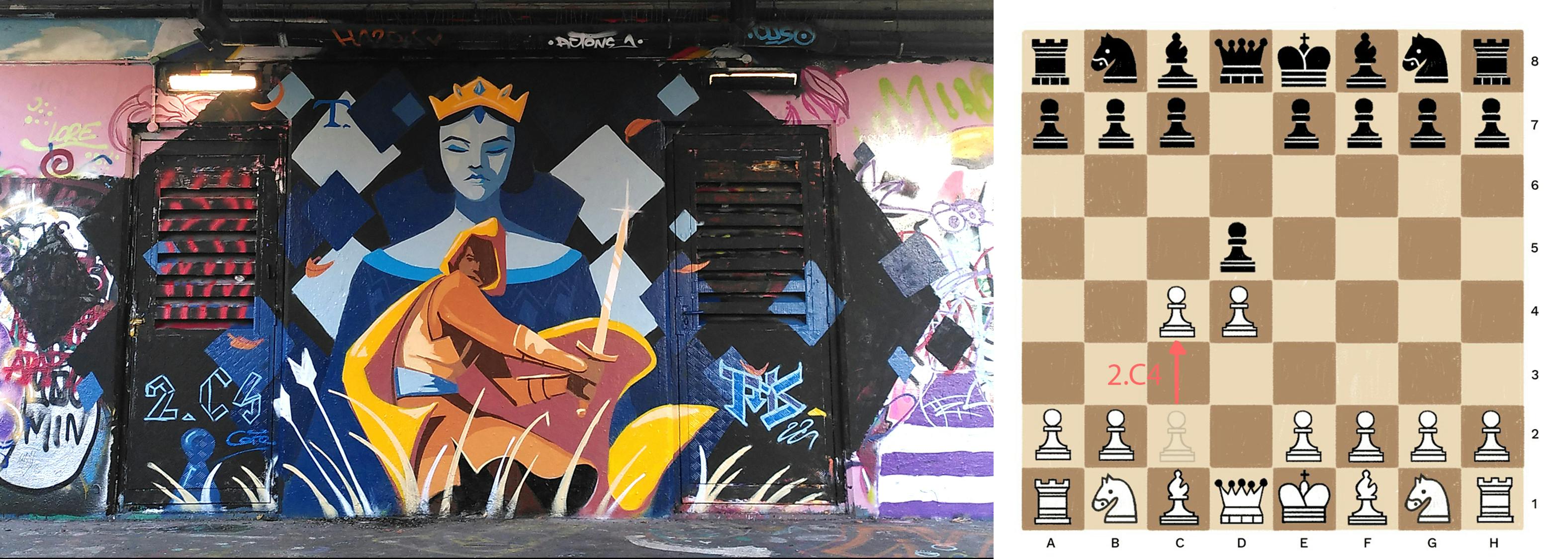 Tris Mural painting, Chess project, Queen gambit, depicting a queen closing her eyes, sending a pawn to sacrifice, london