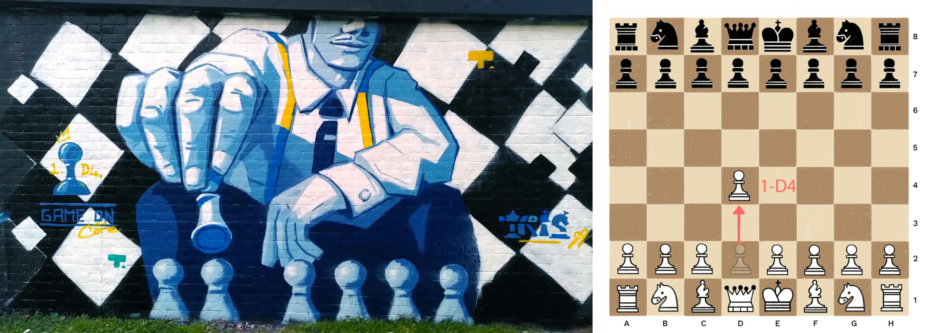 Tris Mural painting, Chess project, depicting a man moving a pawn, london