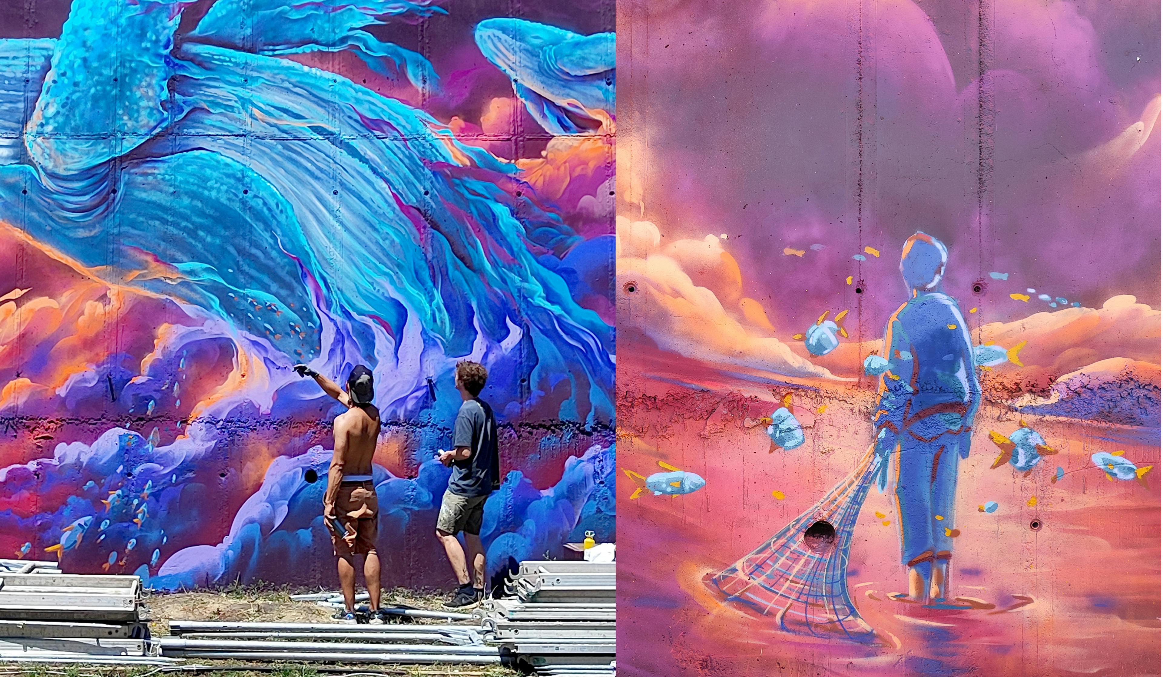 Work in Progress, mural painting Pristina, Meeting of styles Kosovo, Force of Nature (GER), None(MK), Tris (FR), whales jumping, clouds, little fisherman looking up, flying fishes