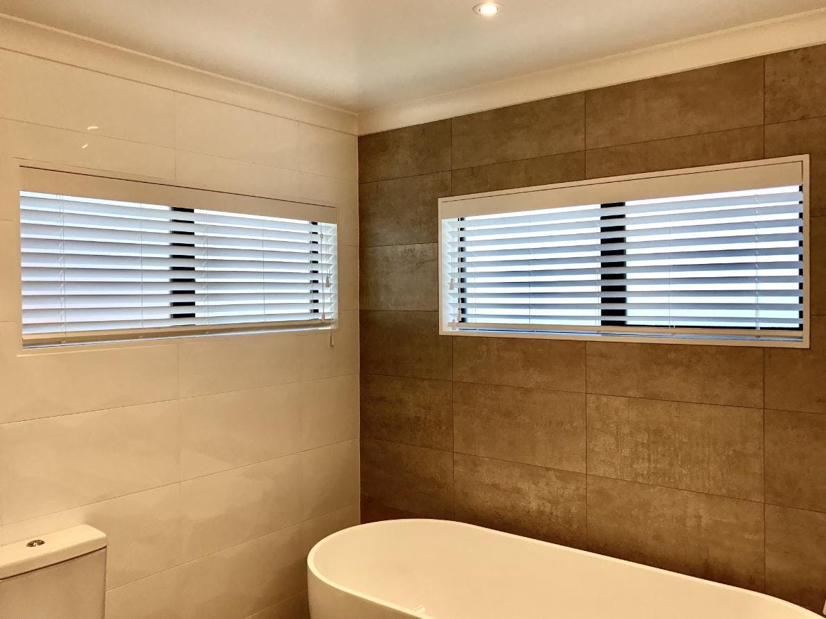 White horizontal slatted bathroom window blinds | Mr Blinds