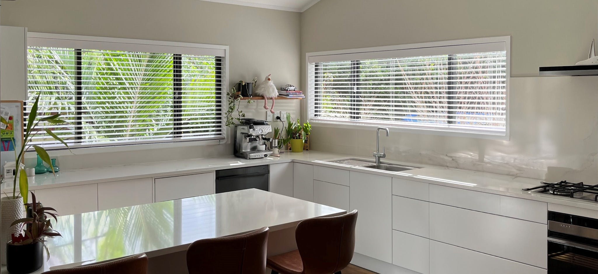 White horizontal slatted kitchen Wooden Venetian blinds | Mr Blinds