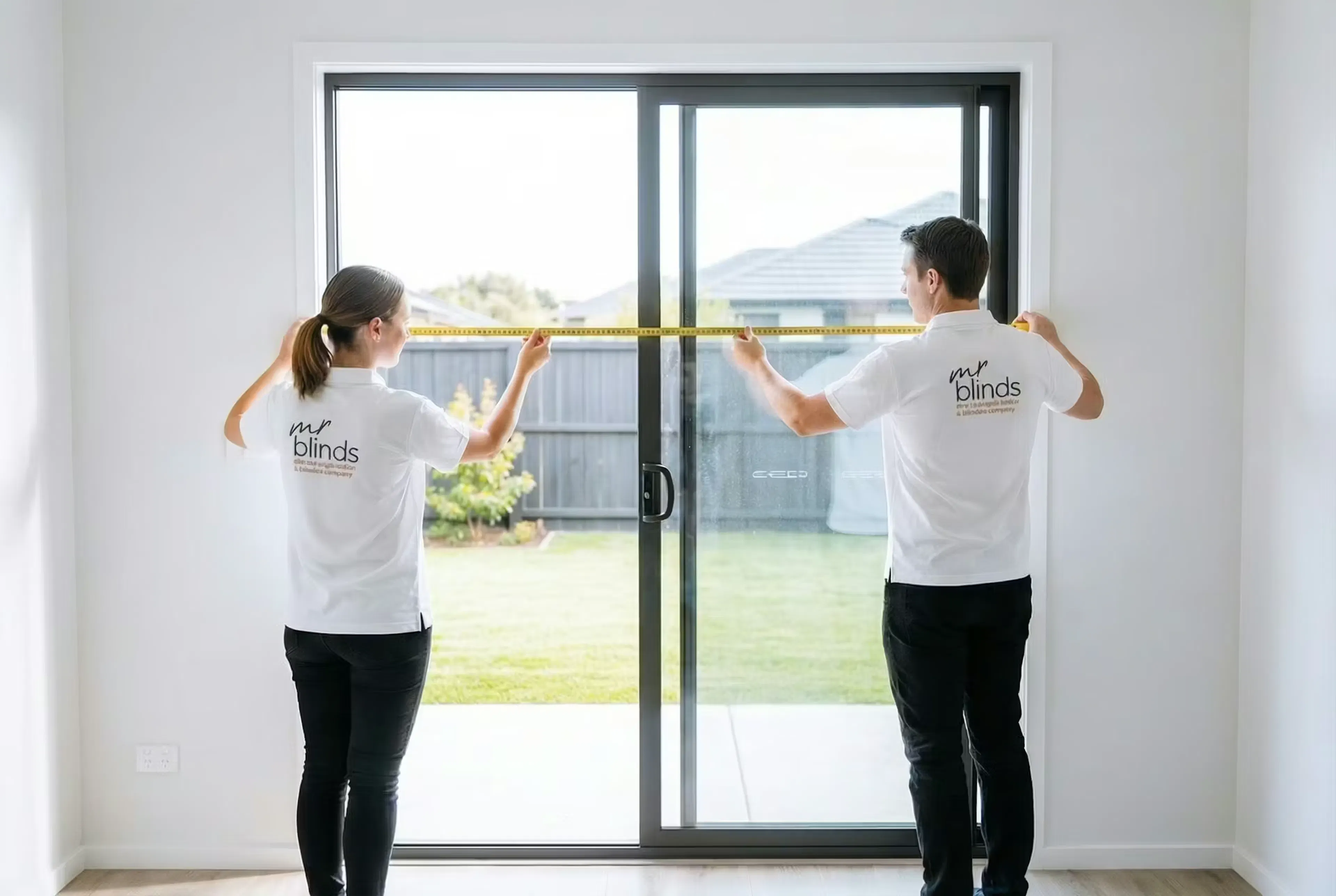 Professionals sizing sliding doors for blinds | Mr Blinds