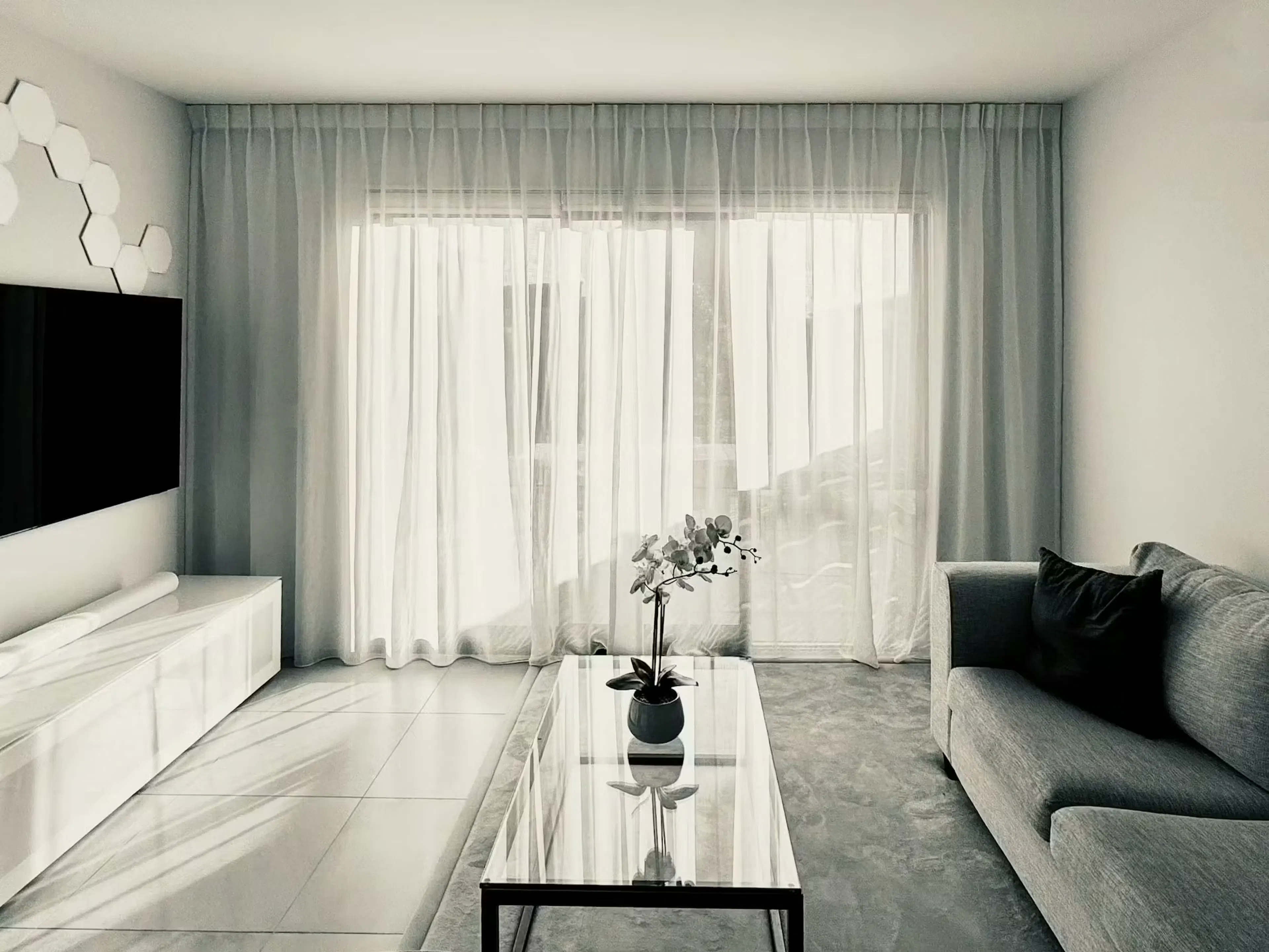 Full length translucent white sheer curtains | Mr Blinds