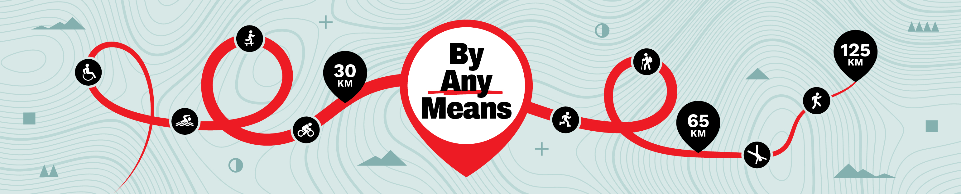 By Any Means fundraising challenge for MSF (Médecins Sans Frontières), showing a route with multiple activity options including swimming, cycling, wheelchair participation, hiking, rowing, yoga and running. Participants can choose a distance of 30 km, 65 km or 125 km to raise funds for MSF.