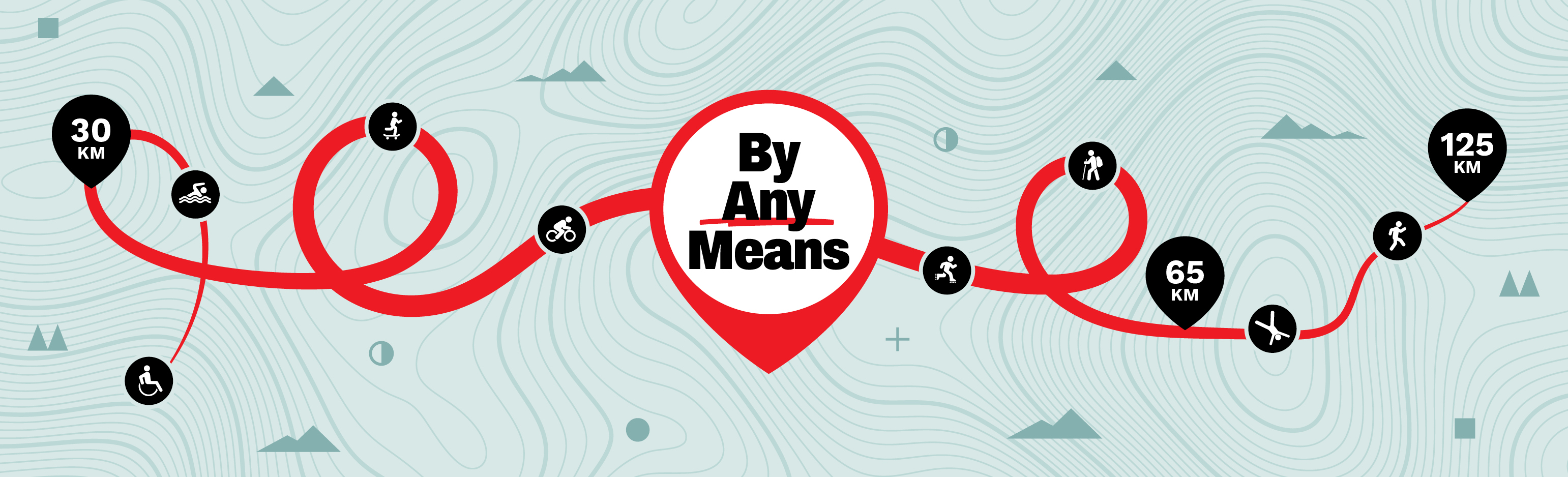 By Any Means fundraising challenge for MSF (Médecins Sans Frontières), showing a route with multiple activity options including swimming, cycling, wheelchair participation, hiking, rowing, yoga and running. Participants can choose a distance of 30 km, 65 km or 125 km to raise funds for MSF.