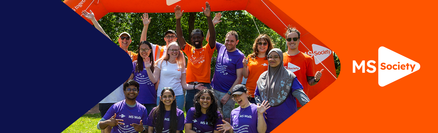 MS Society corporate hub banner with smiling participants in charity t-shirts.