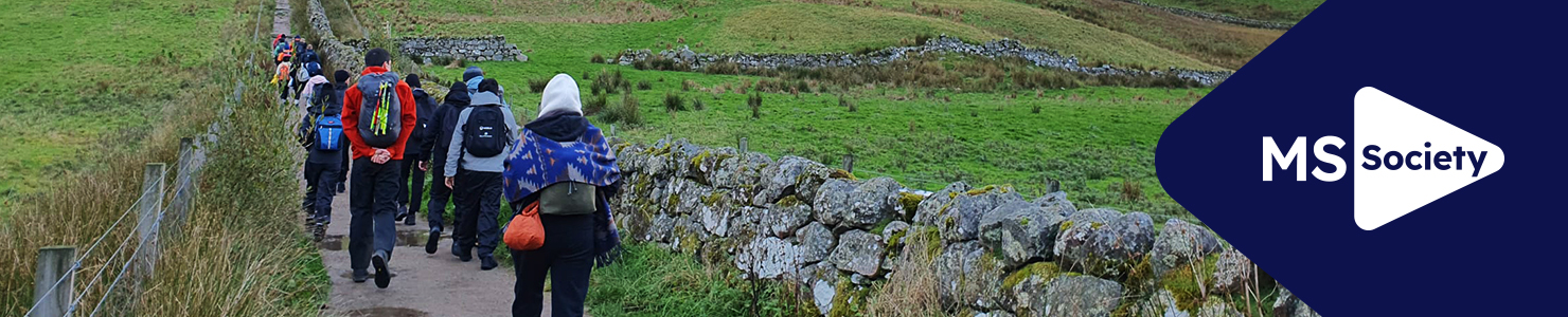 MS Society corporate hub banner with participants taking part in a charity walk in nature.