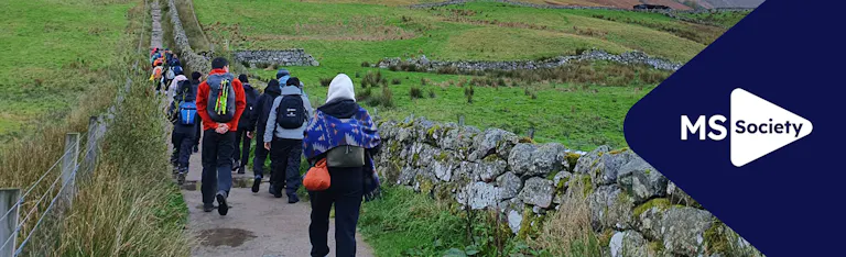 MS Society corporate hub banner with participants taking part in a charity walk in nature.