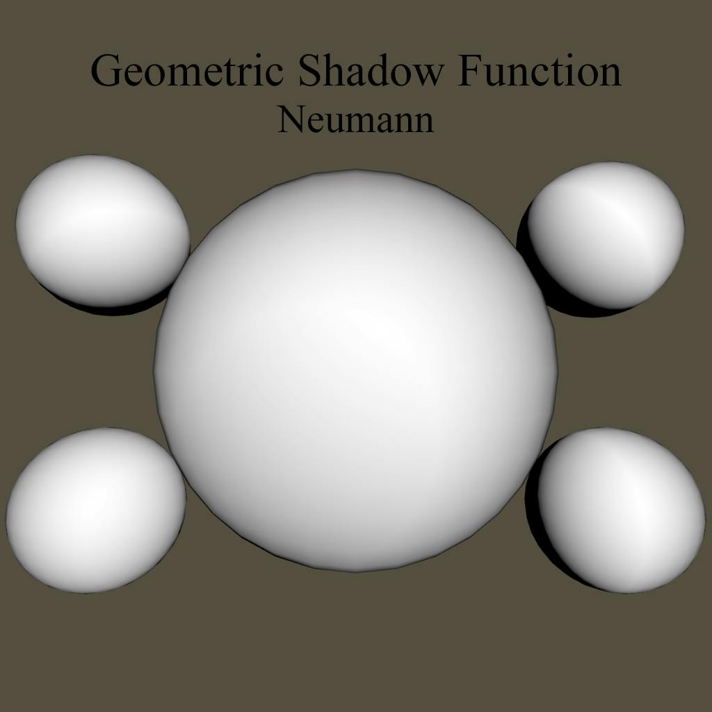 Neumann GSF The Neumann-Neumann GSF is another example of a GSF suited for Anisotropic Normal Distribution. It produces more pronounced geometric shading based on the greater of view direction or light direction. float NeumannGeometricShadowingFunction (float NdotL, float NdotV){
float Gs = (NdotL*NdotV)/max(NdotL, NdotV);
return (Gs);
} GeometricShadow *= NeumannGeometricShadowingFunction (NdotL, NdotV);