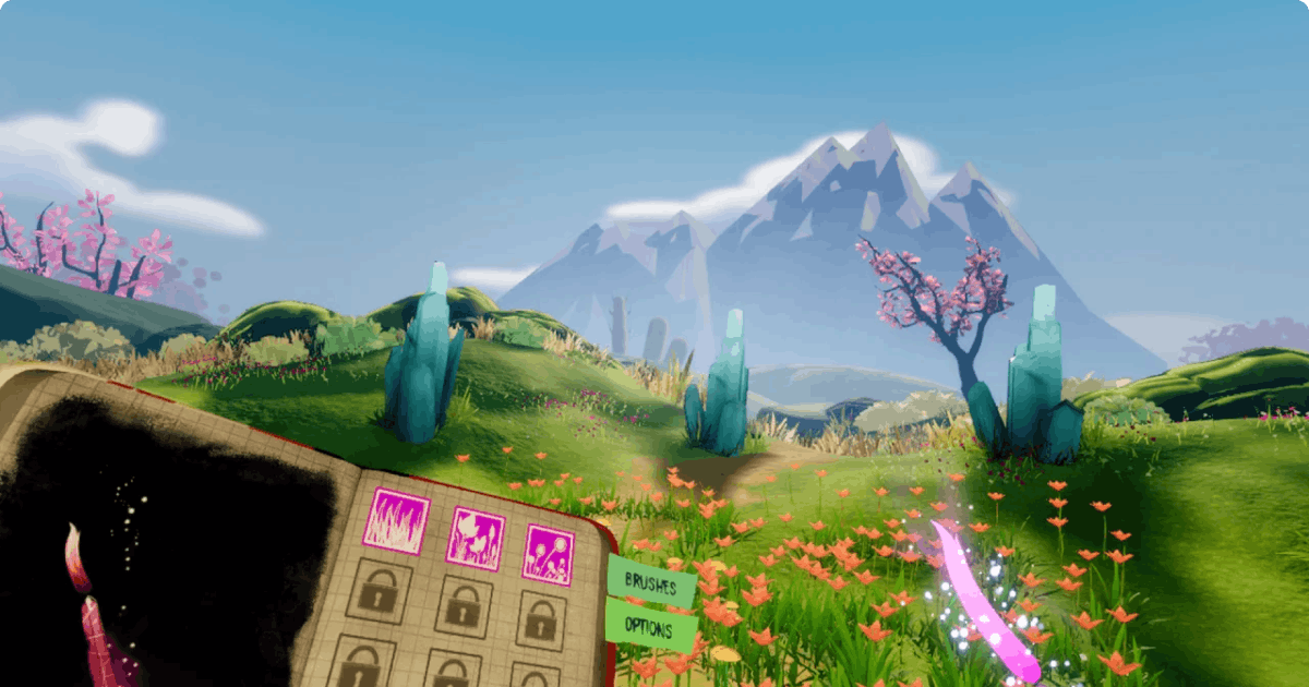 From the VR expansion of Concrete Genie at Sony Playstation, where players can use unconventional game mechanics and templates to paint a blending of two-dimensional art styles in a 3D world.